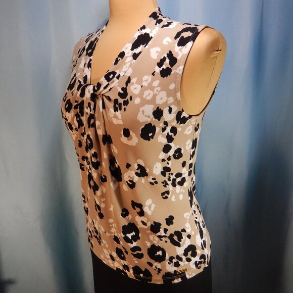 Calvin Klein Taupe/Black/White Sleeveless Knotted V-Neck Career Shell Extra Sm - Picture 2 of 11